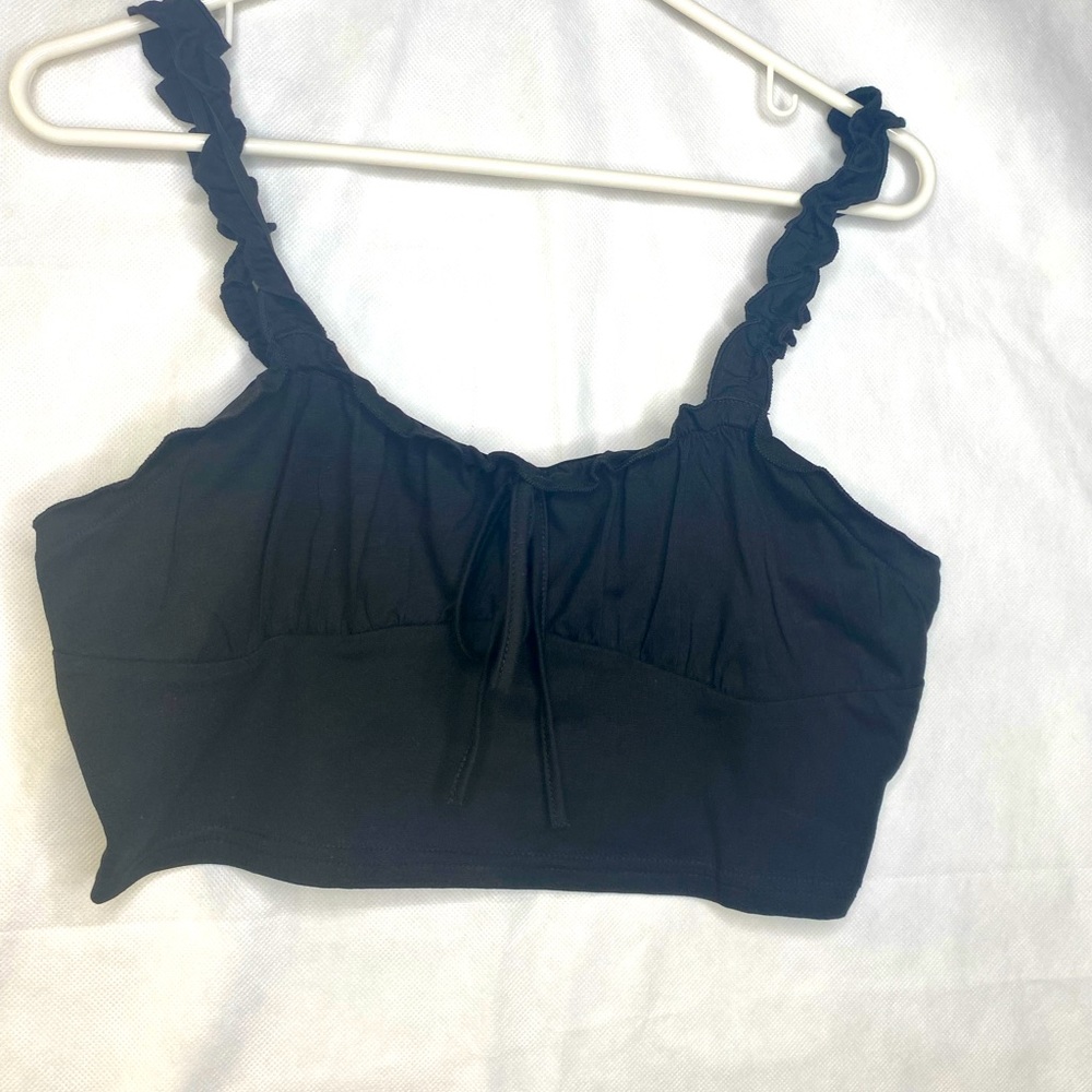 SHEIN frill and ruched bust black top with tie